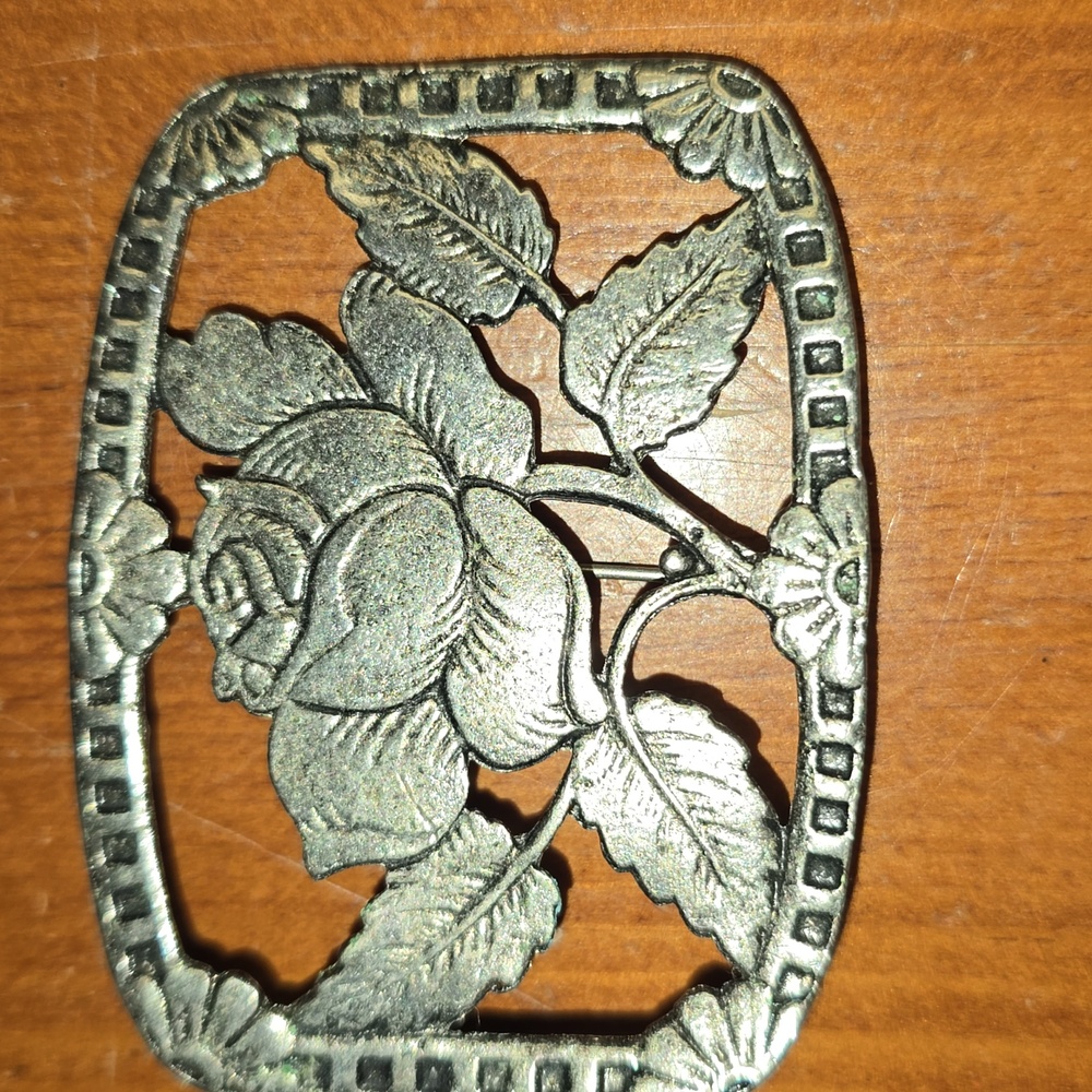 Victorian Revival Vintage Silver Tone Floral Rose Brooch 40s 1.75"x2.75"
